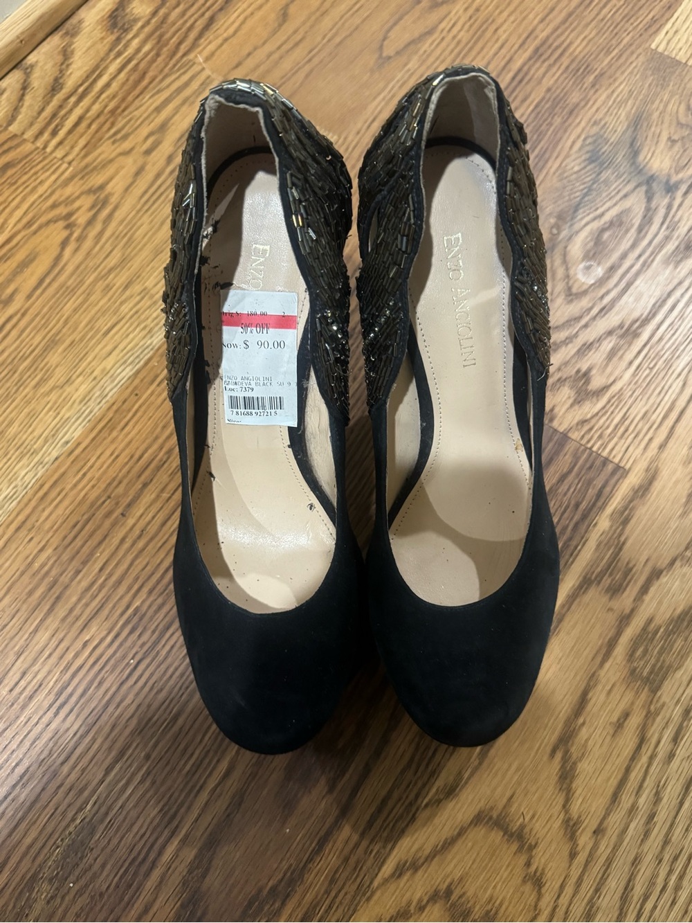 Enzo Angiolini Black Suede Beaded Round-Toe Pumps